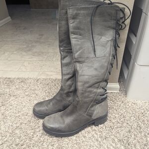 Gray Knee-High Leather Boots